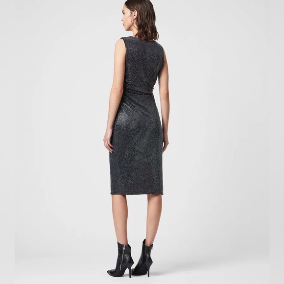 AllSaints Womens Allegra Faux Wrap Shimmer Sheath Dress Party Cocktail Size 6 - Picture 2 of 13